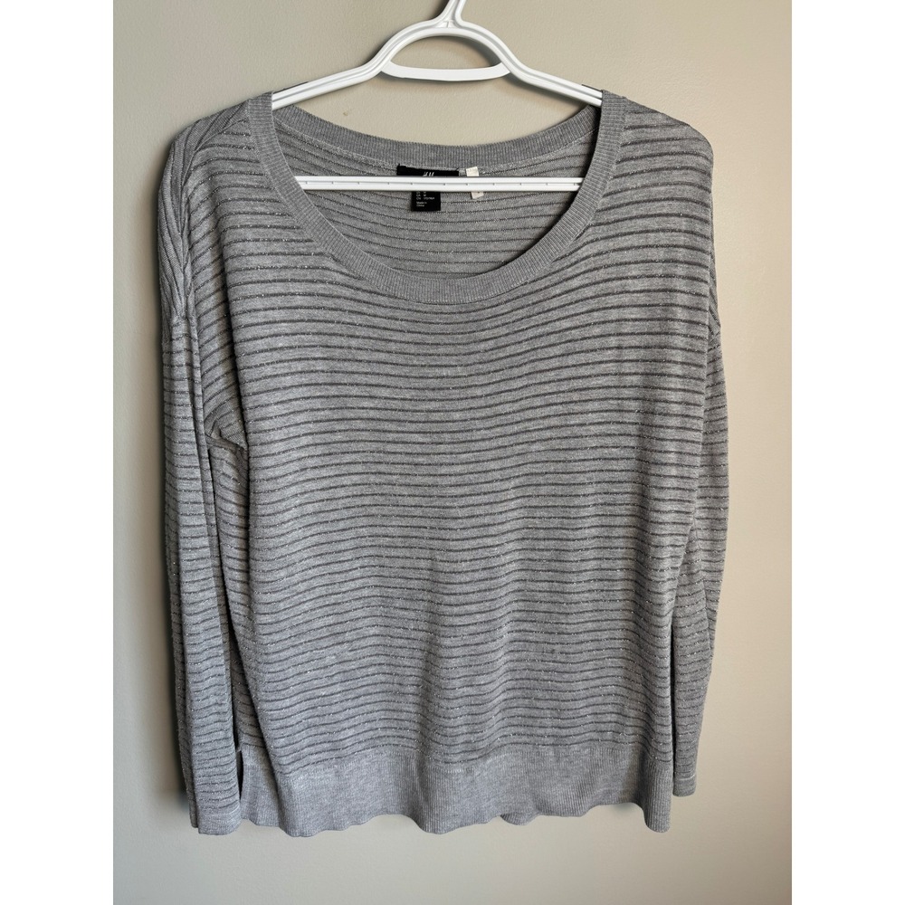 H&M Womens Gray Silver Glitter Striped Knit Sweater M Metallic Shimmer Casual